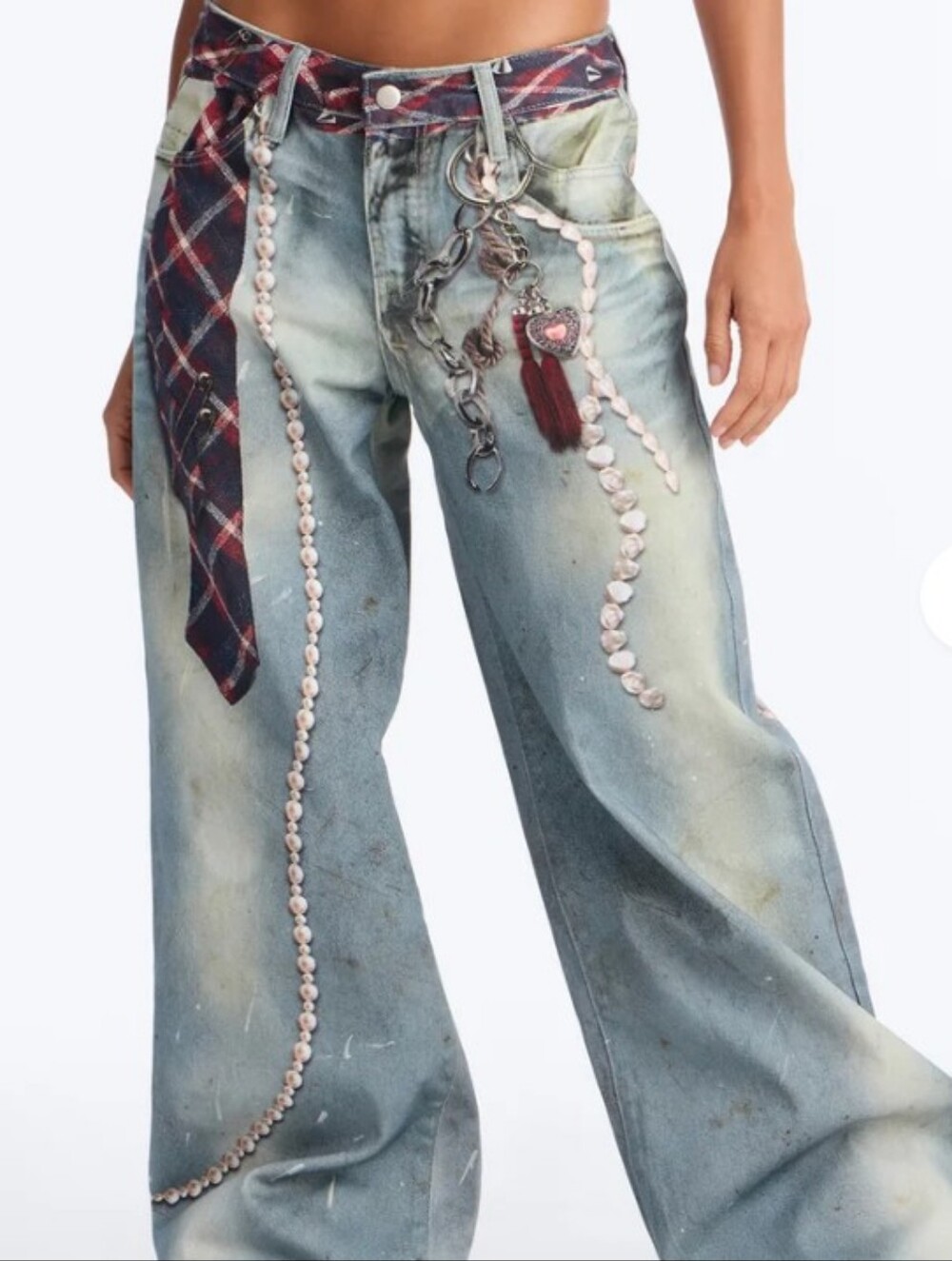 Fashion Nova Women's Wide Leg Distressed Jeans with Plaid Tie Painted Pearls